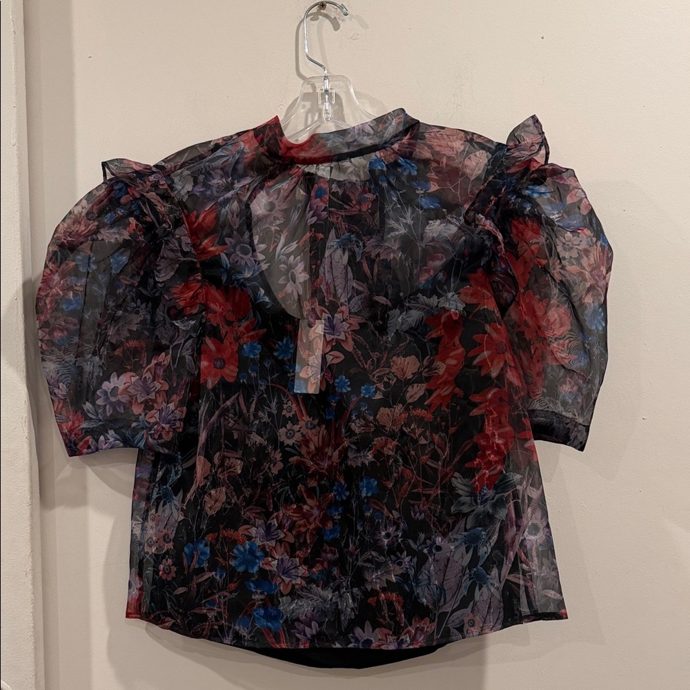 Anthropologie Black Multi Floral Sheer Puff-Sleeve Blouse